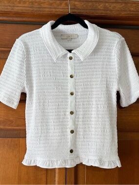 LOFT Textured Smocked Button Front Blouse White Short Sleeve Collared Top Size M